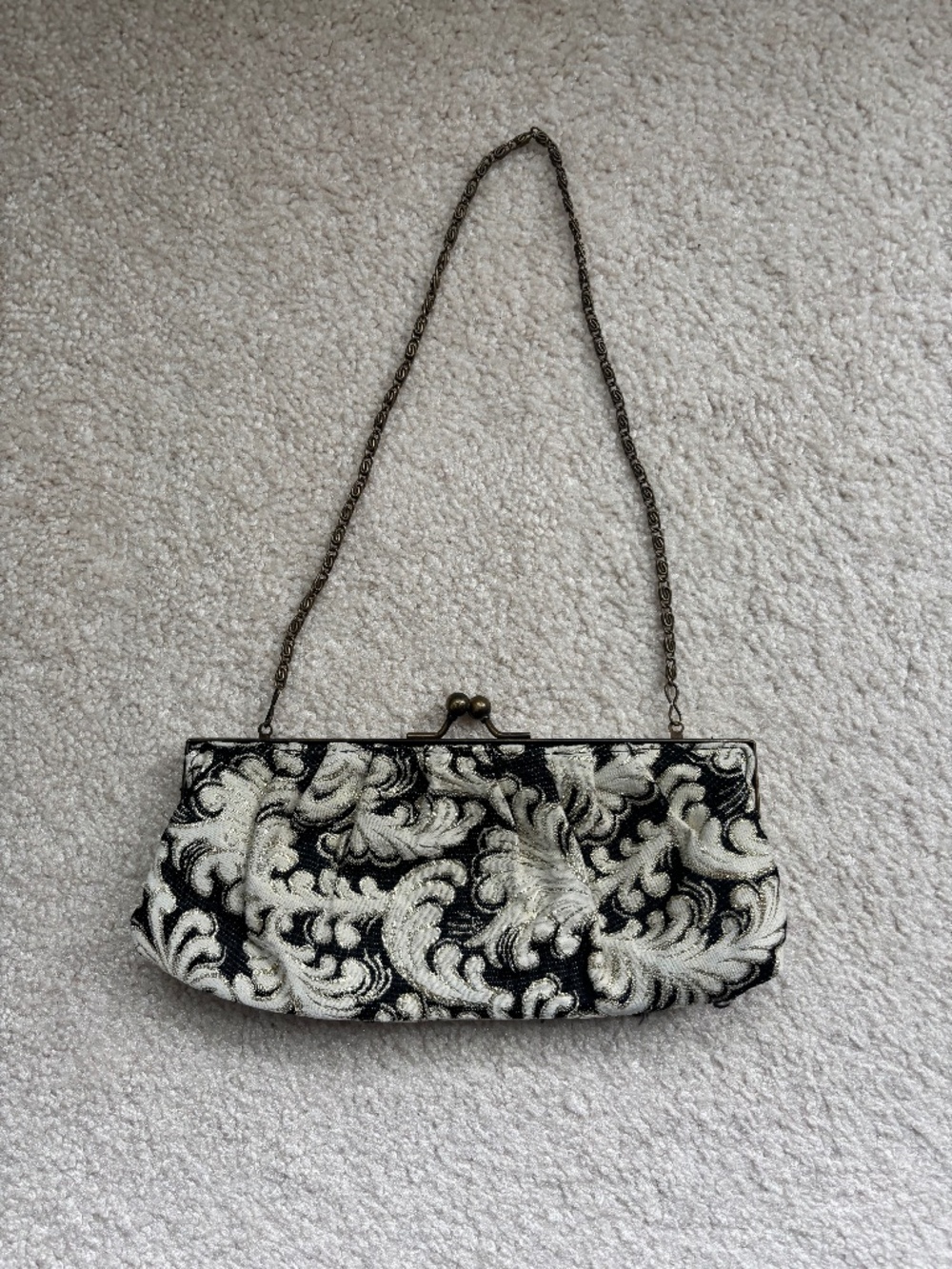 Vintage Black Ivory Brocade Evening Bag Kiss Lock Chain Strap Clutch Purse